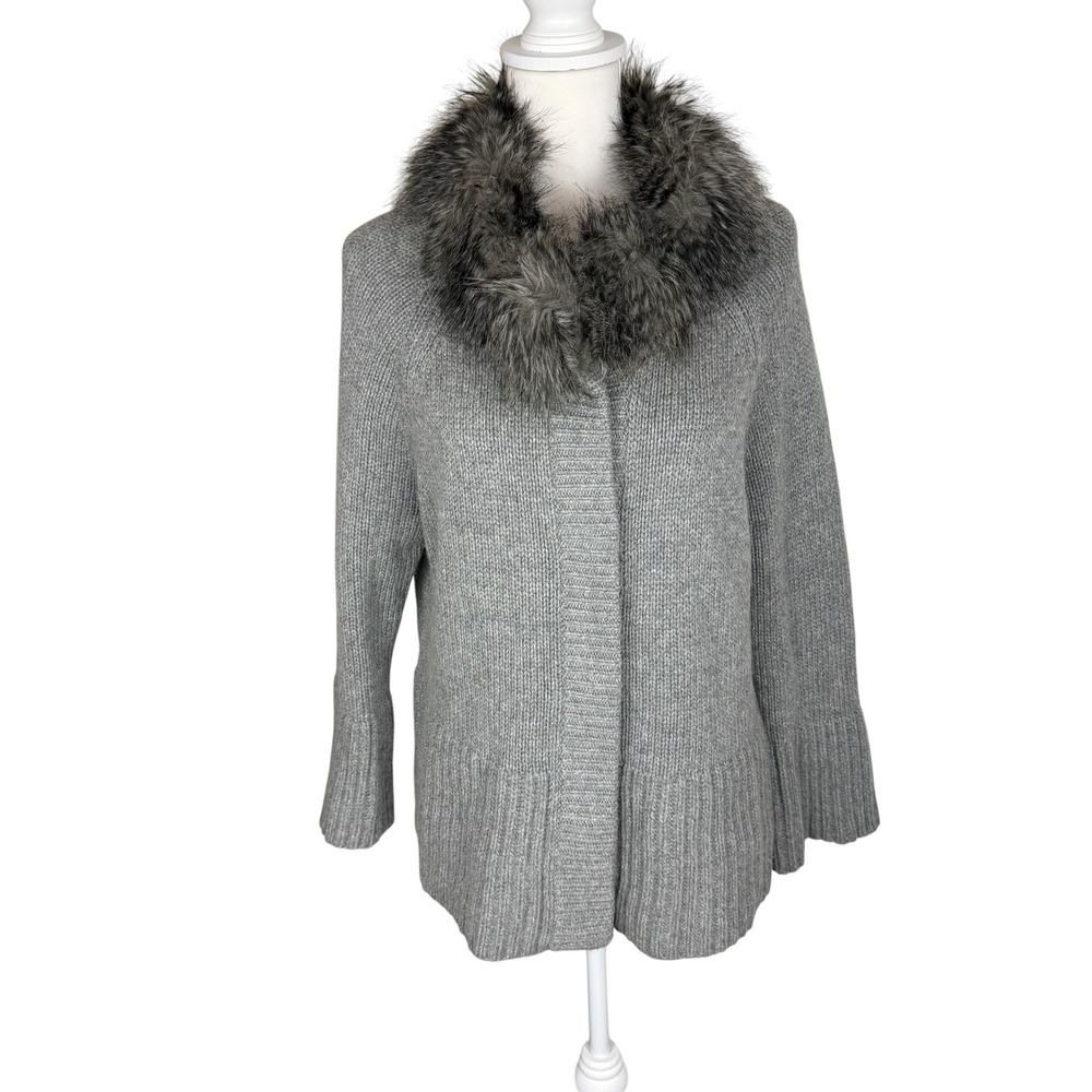 Ann Taylor Grey Merino Wool Blend Cardigan Faux Fur Collar Size L